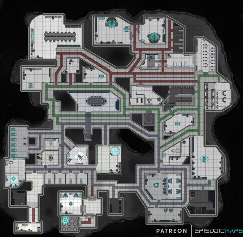 biolab sci-fi map, carte de JDR science-fiction (785×767 pixels) — battlemap pour Roll20 et Foundry VTT.