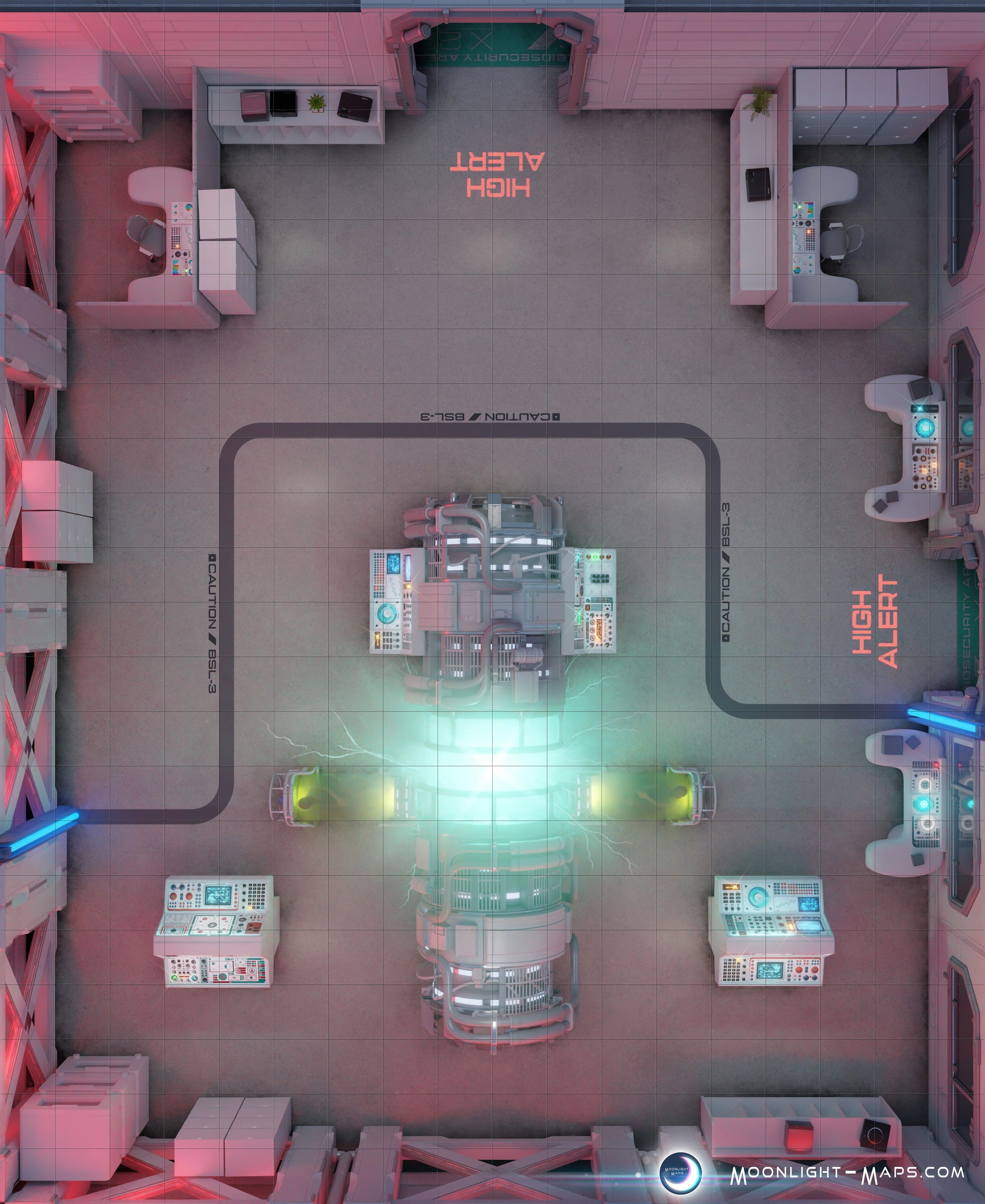 biolab sci-fi map, carte de JDR science-fiction (3272×4000 pixels) — battlemap pour Roll20 et Foundry VTT.