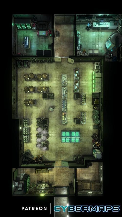 biolab sci-fi map, carte de JDR science-fiction (500×889 pixels) — battlemap pour Roll20 et Foundry VTT.
