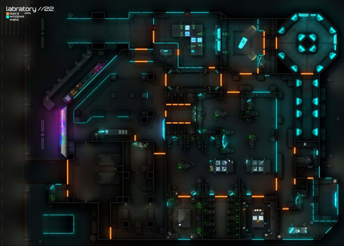 biolab sci-fi map, carte de JDR science-fiction (1200×858 pixels) — battlemap pour Roll20 et Foundry VTT.
