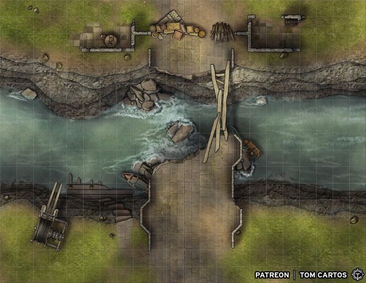 broken bridge wasteland map, carte de JDR post-apocalyptique (735×568 pixels) — battlemap pour Roll20 et Foundry VTT.