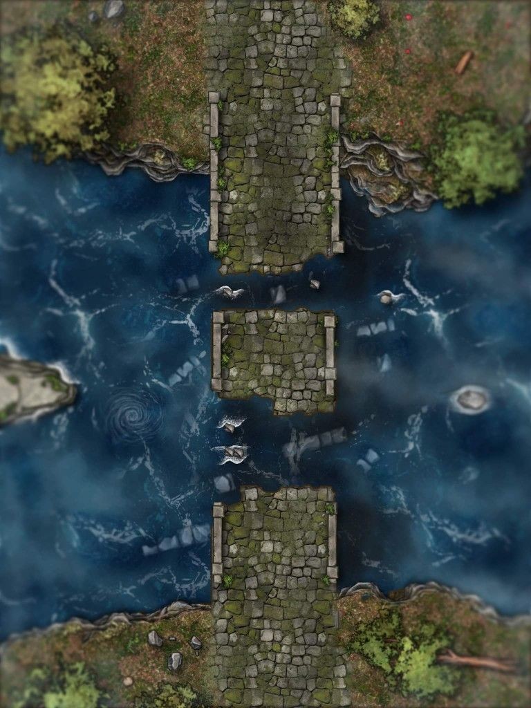 broken bridge wasteland map, carte de JDR post-apocalyptique (768×1024 pixels) — battlemap pour Roll20 et Foundry VTT.