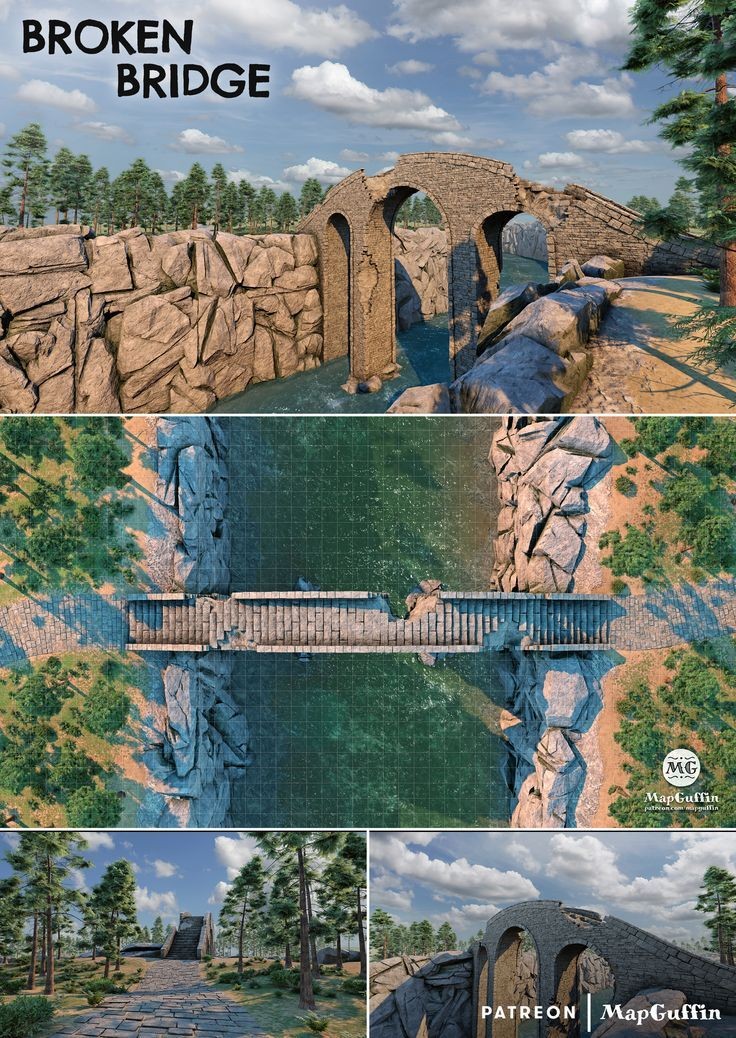 broken bridge wasteland map, carte de JDR post-apocalyptique (736×1038 pixels) — battlemap pour Roll20 et Foundry VTT.