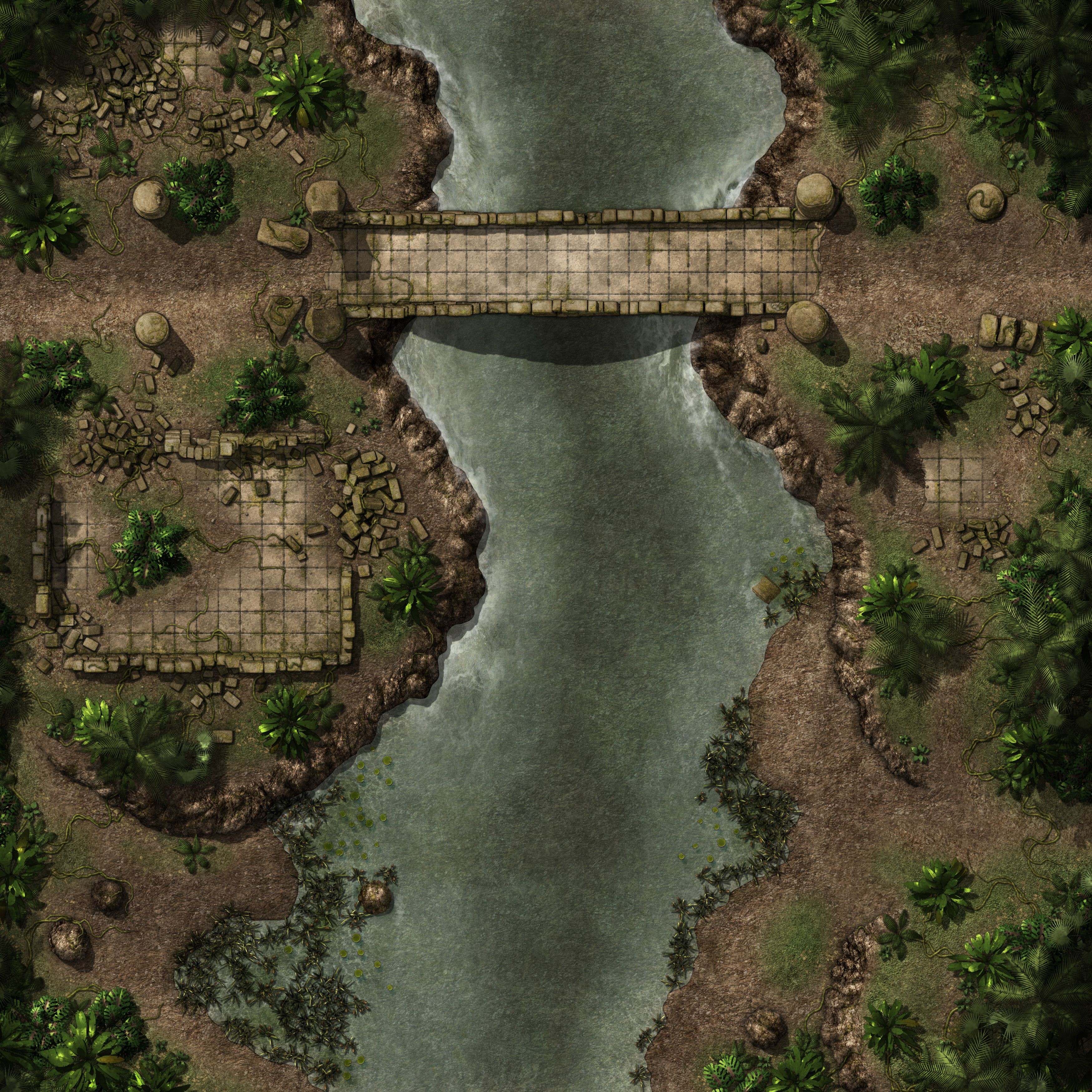 broken bridge wasteland map, carte de JDR post-apocalyptique (3500×3500 pixels) — battlemap pour Roll20 et Foundry VTT.
