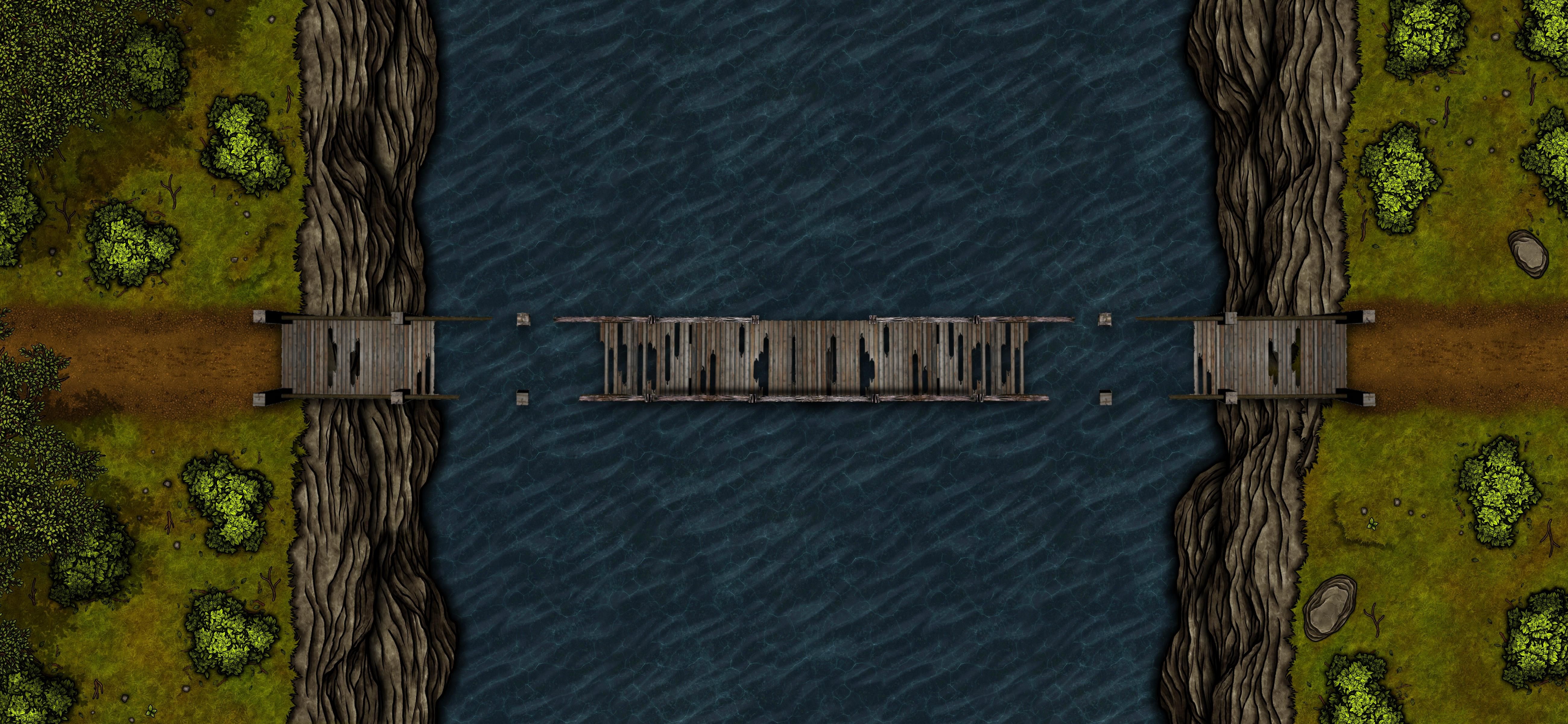 broken bridge wasteland map, carte de JDR post-apocalyptique (5200×2400 pixels) — battlemap pour Roll20 et Foundry VTT.