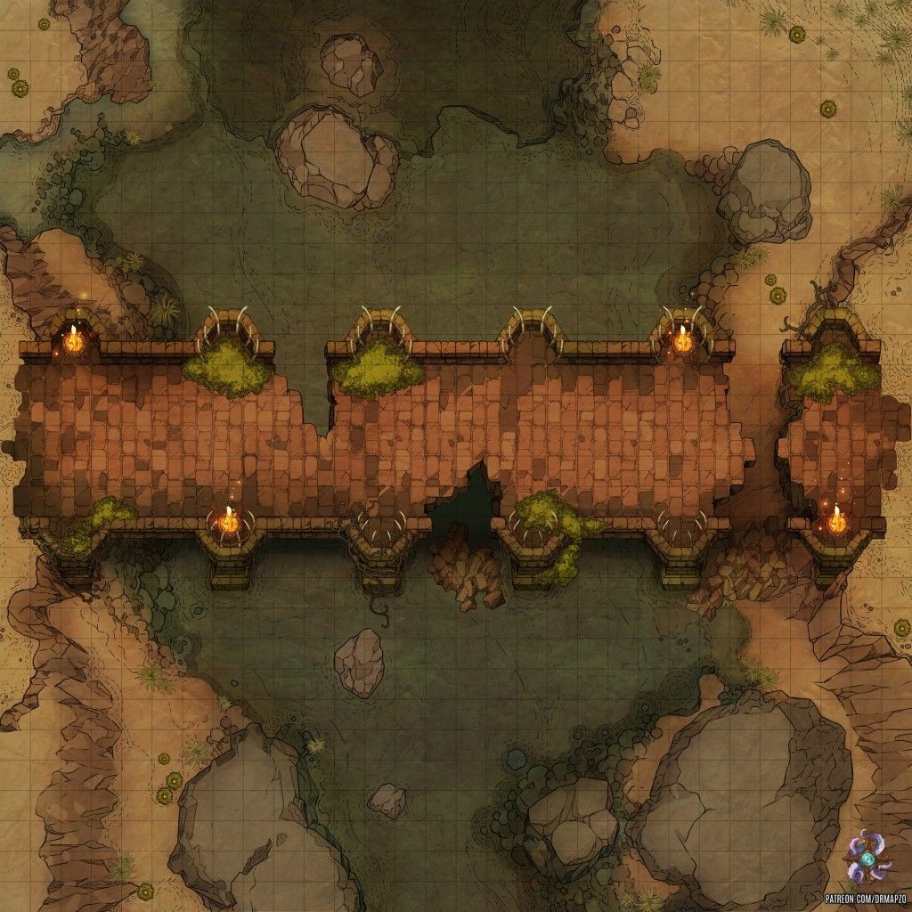 broken bridge wasteland map, carte de JDR post-apocalyptique (1024×1024 pixels) — battlemap pour Roll20 et Foundry VTT.