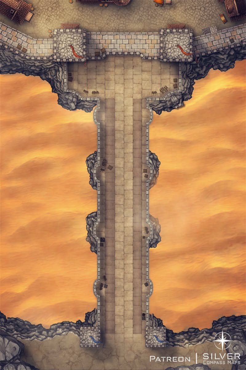 broken bridge wasteland map, carte de JDR post-apocalyptique (800×1200 pixels) — battlemap pour Roll20 et Foundry VTT.