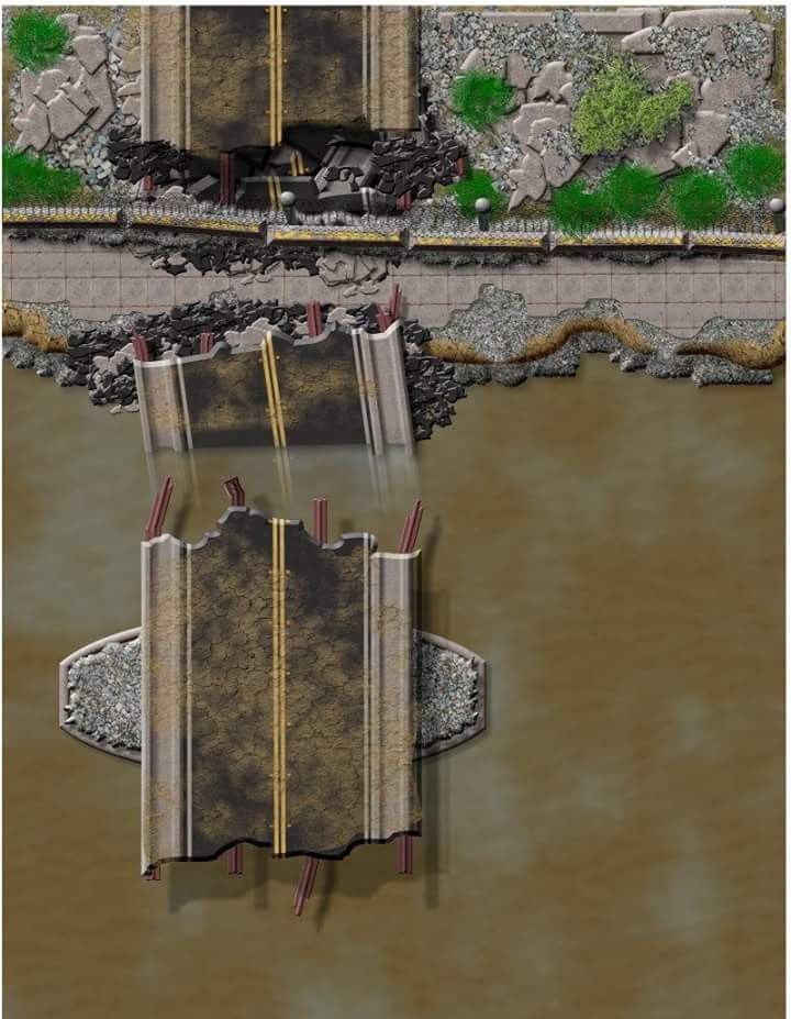 broken bridge wasteland map, carte de JDR post-apocalyptique (720×927 pixels) — battlemap pour Roll20 et Foundry VTT.