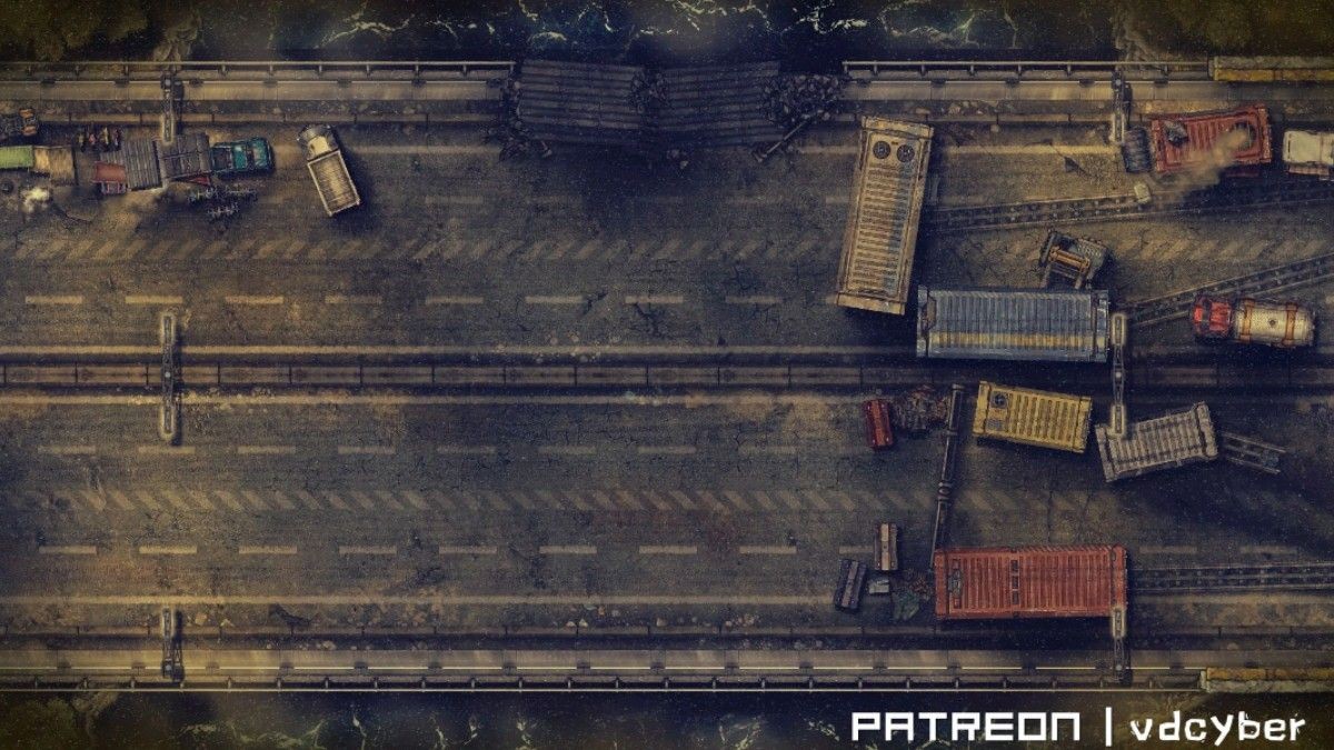 broken bridge wasteland map, carte de JDR post-apocalyptique (1200×675 pixels) — battlemap pour Roll20 et Foundry VTT.