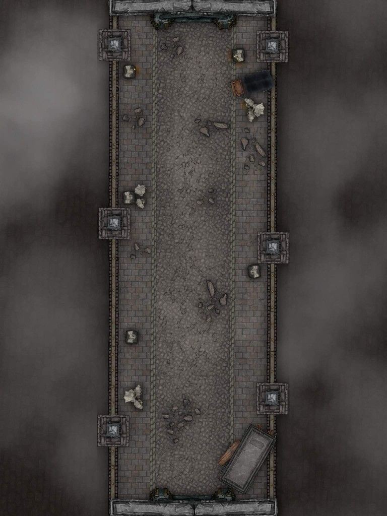 broken bridge wasteland map, carte de JDR post-apocalyptique (768×1024 pixels) — battlemap pour Roll20 et Foundry VTT.