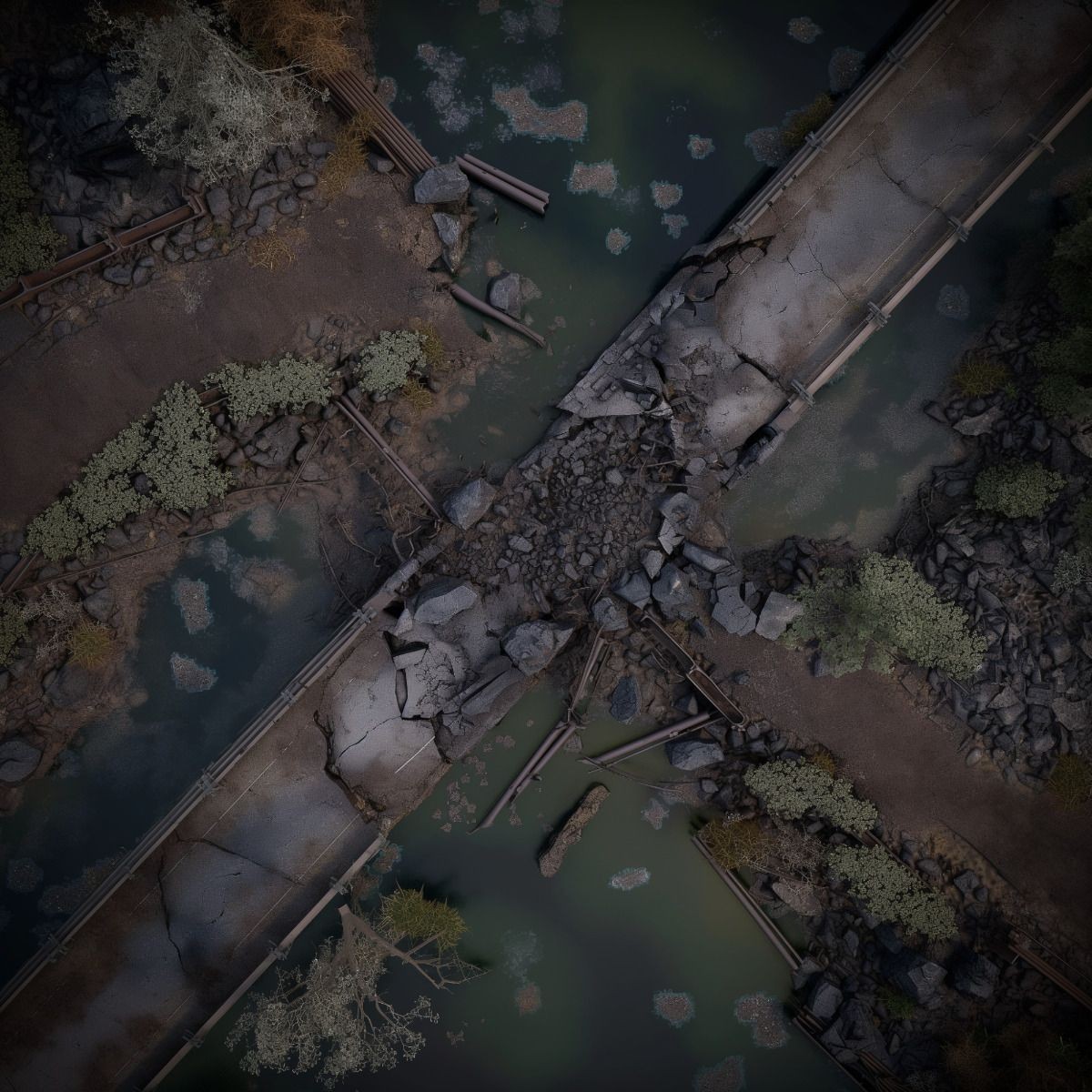 broken bridge wasteland map, carte de JDR post-apocalyptique (1200×1200 pixels) — battlemap pour Roll20 et Foundry VTT.