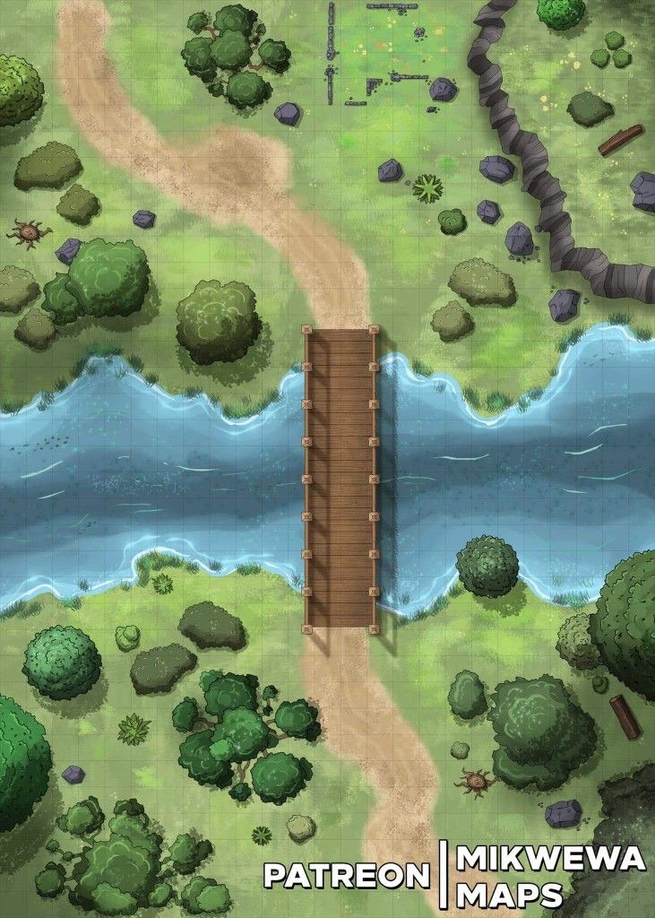 broken bridge wasteland map, carte de JDR post-apocalyptique (731×1024 pixels) — battlemap pour Roll20 et Foundry VTT.