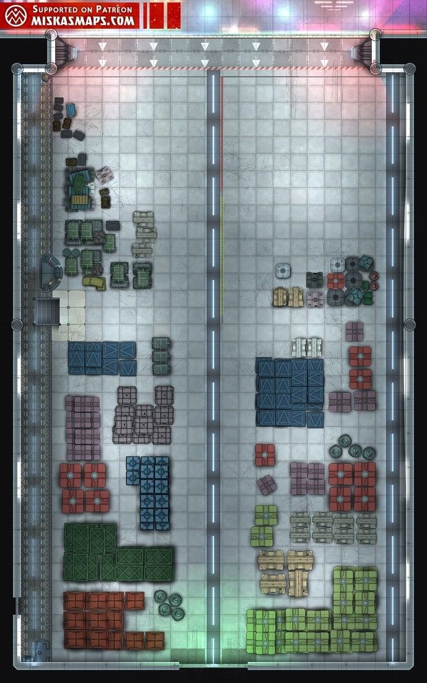 cargo bay map, carte de JDR science-fiction (620×992 pixels) — battlemap pour Roll20 et Foundry VTT.