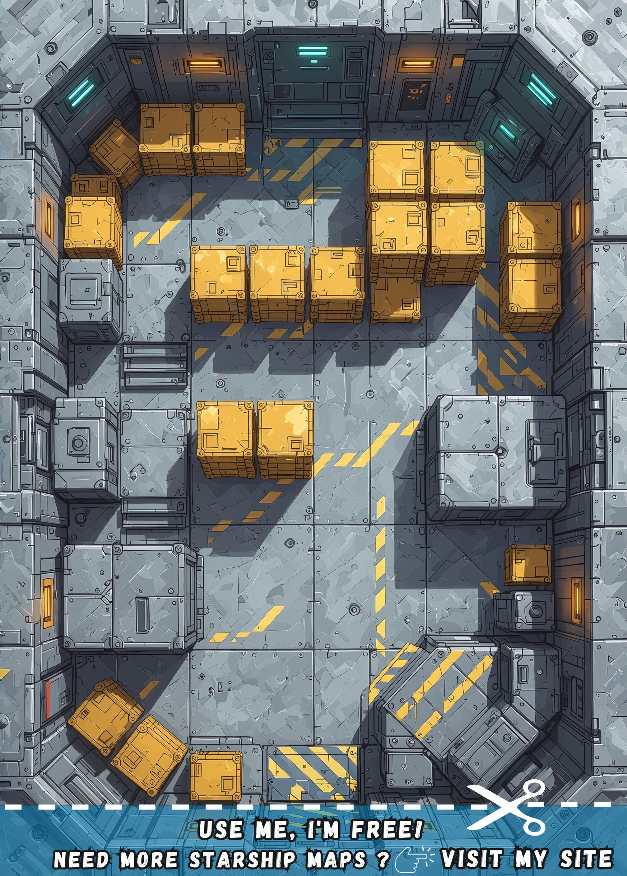 cargo bay map, carte de JDR science-fiction (2016×2816 pixels) — battlemap pour Roll20 et Foundry VTT.