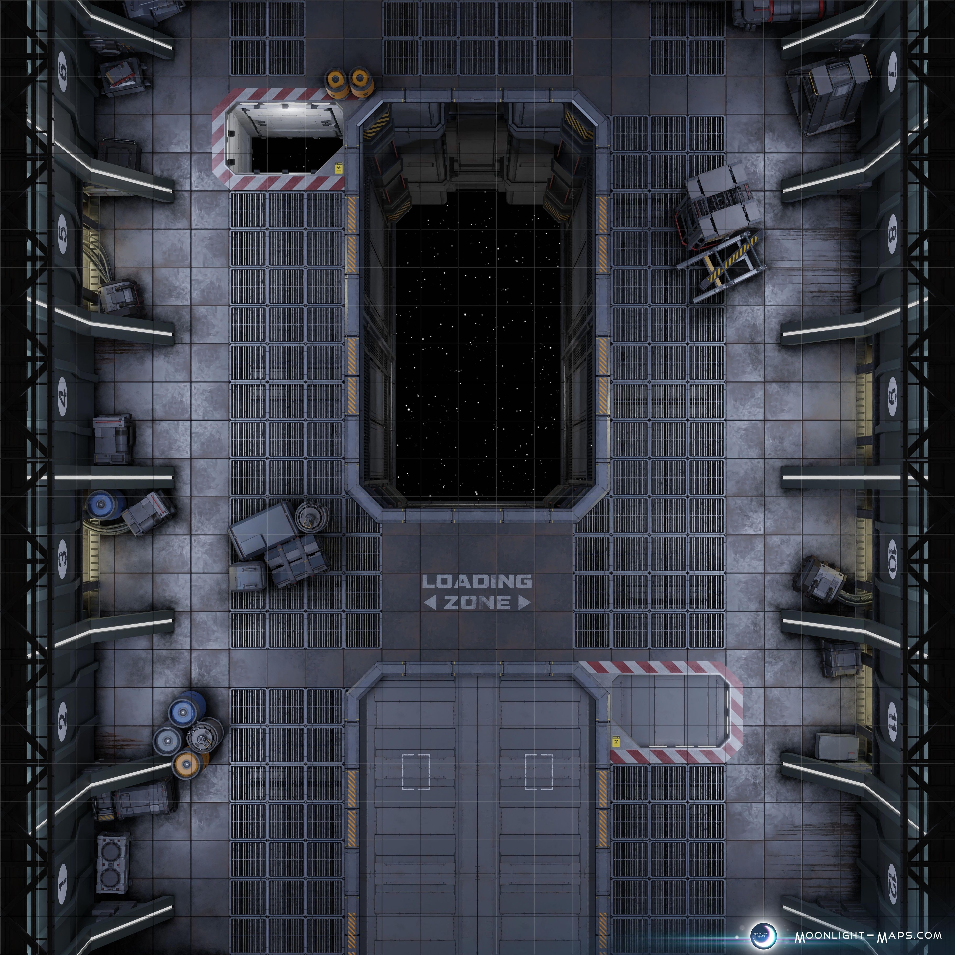 cargo bay map, carte de JDR science-fiction (4000×4000 pixels) — battlemap pour Roll20 et Foundry VTT.