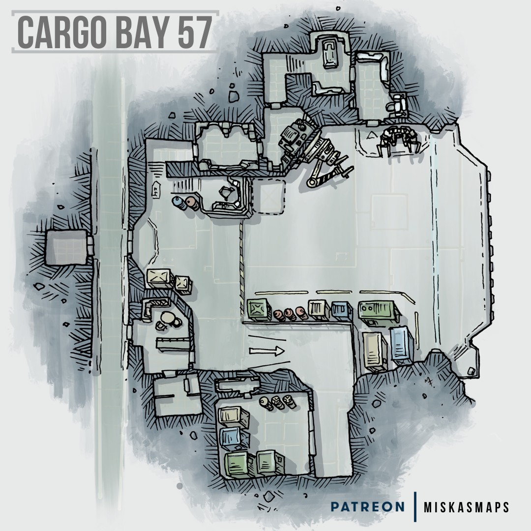 cargo bay map, carte de JDR science-fiction (1080×1080 pixels) — battlemap pour Roll20 et Foundry VTT.