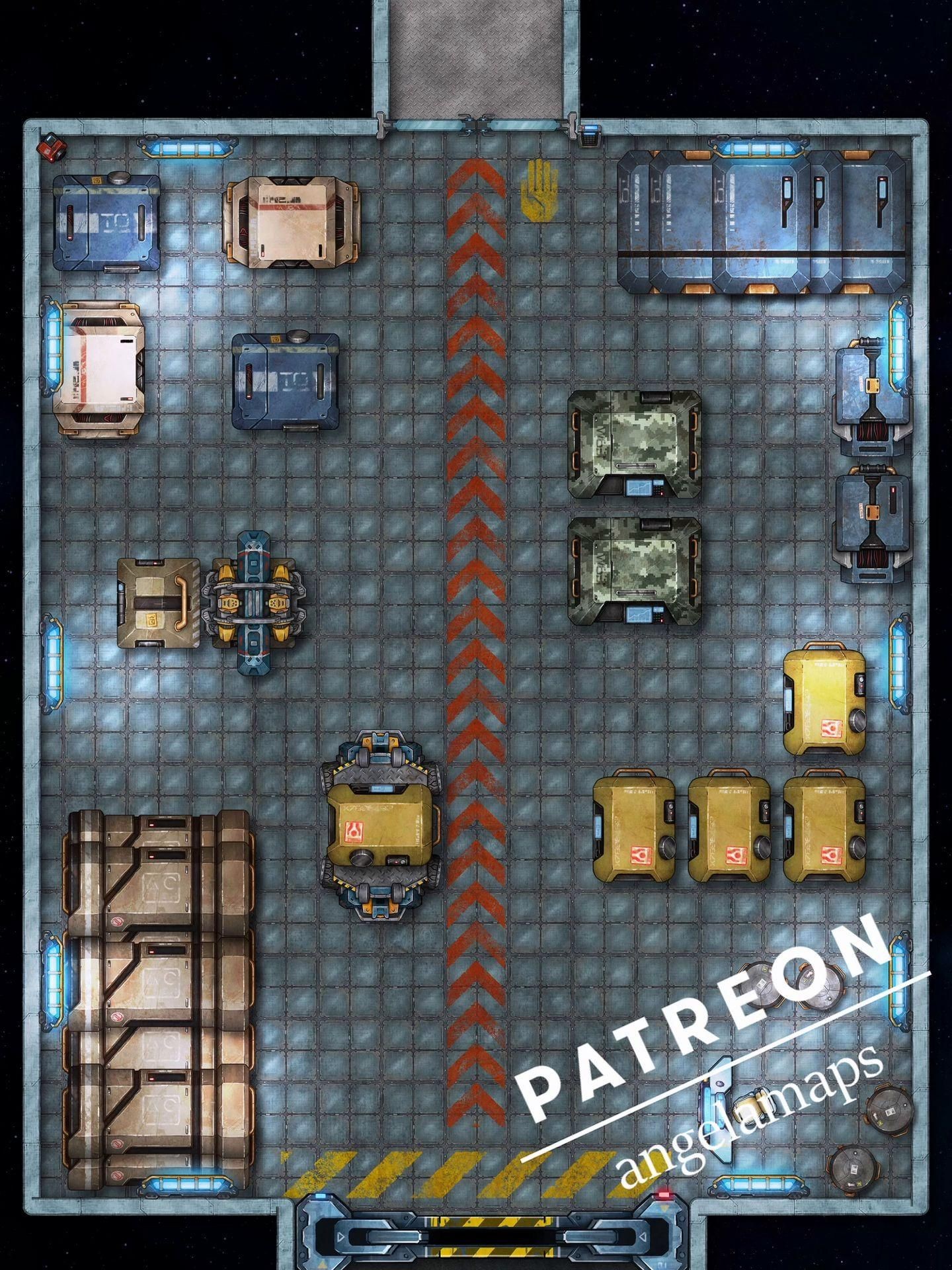 cargo bay map, carte de JDR science-fiction (1440×1920 pixels) — battlemap pour Roll20 et Foundry VTT.