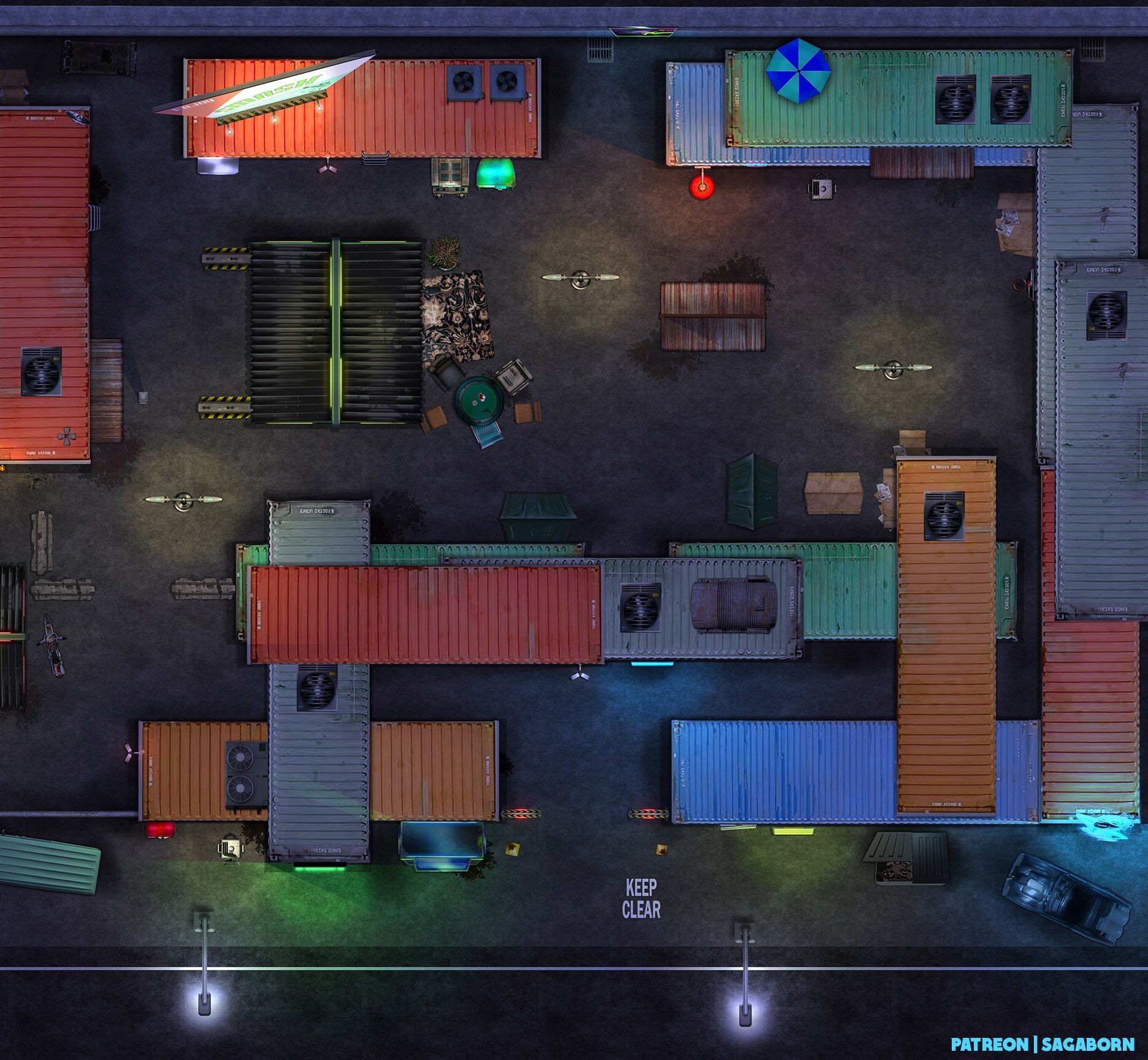 cargo bay map, carte de JDR science-fiction (1872×1728 pixels) — battlemap pour Roll20 et Foundry VTT.