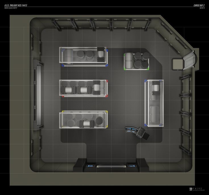 cargo bay map, carte de JDR science-fiction (735×684 pixels) — battlemap pour Roll20 et Foundry VTT.