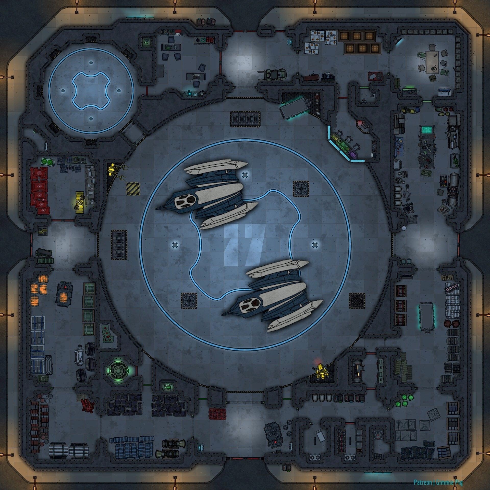cargo bay map, carte de JDR science-fiction (1920×1920 pixels) — battlemap pour Roll20 et Foundry VTT.
