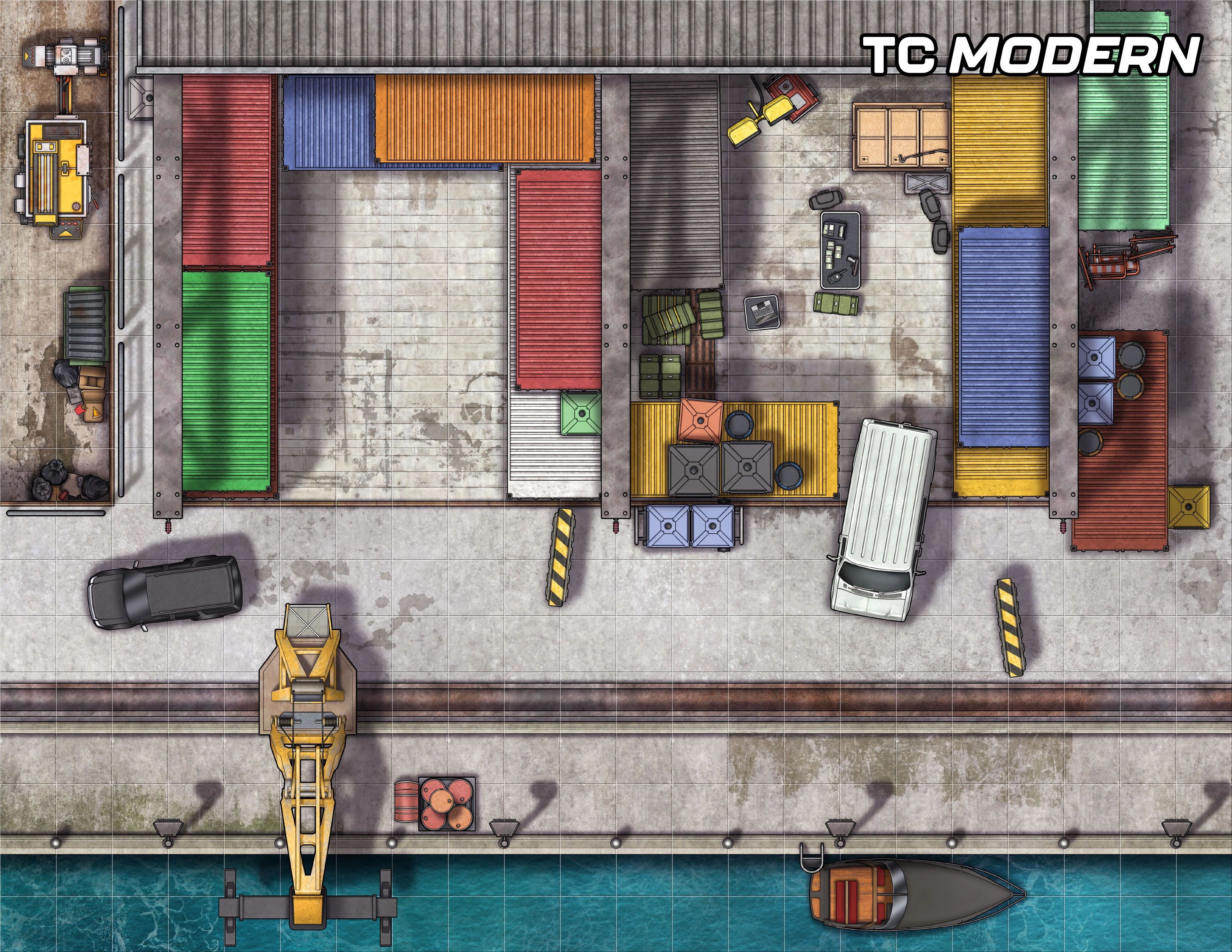cargo bay map, carte de JDR science-fiction (3080×2380 pixels) — battlemap pour Roll20 et Foundry VTT.