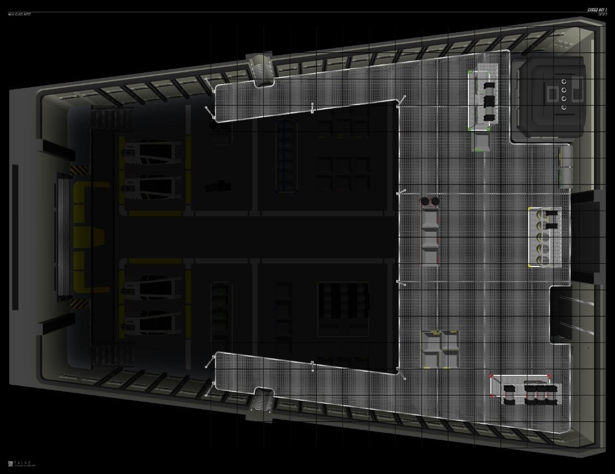 cargo bay map, carte de JDR science-fiction (1200×925 pixels) — battlemap pour Roll20 et Foundry VTT.