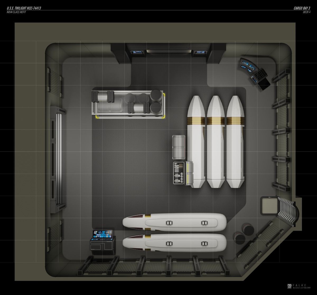 cargo bay map, carte de JDR science-fiction (1200×1116 pixels) — battlemap pour Roll20 et Foundry VTT.