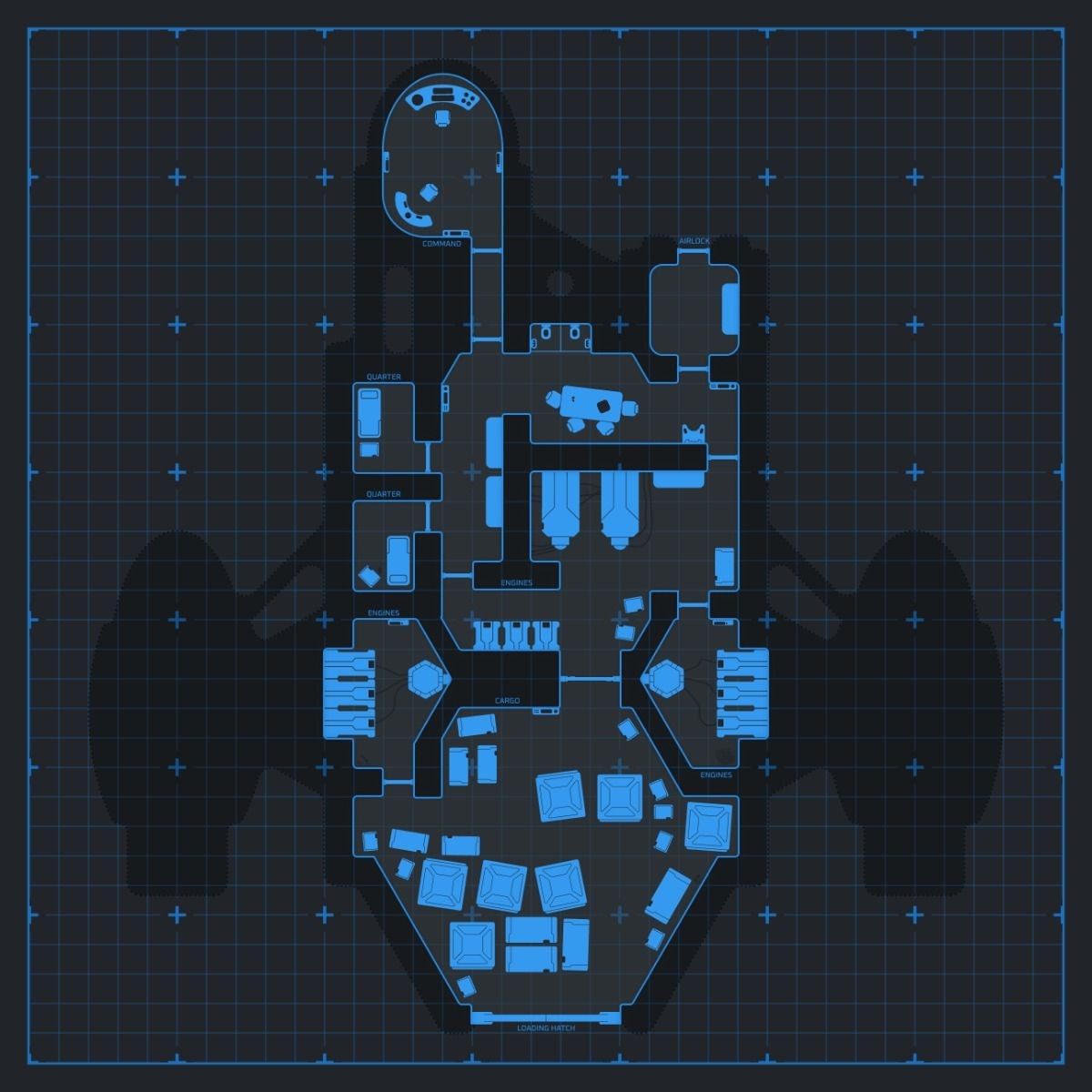 cargo bay map, carte de JDR science-fiction (1200×1200 pixels) — battlemap pour Roll20 et Foundry VTT.