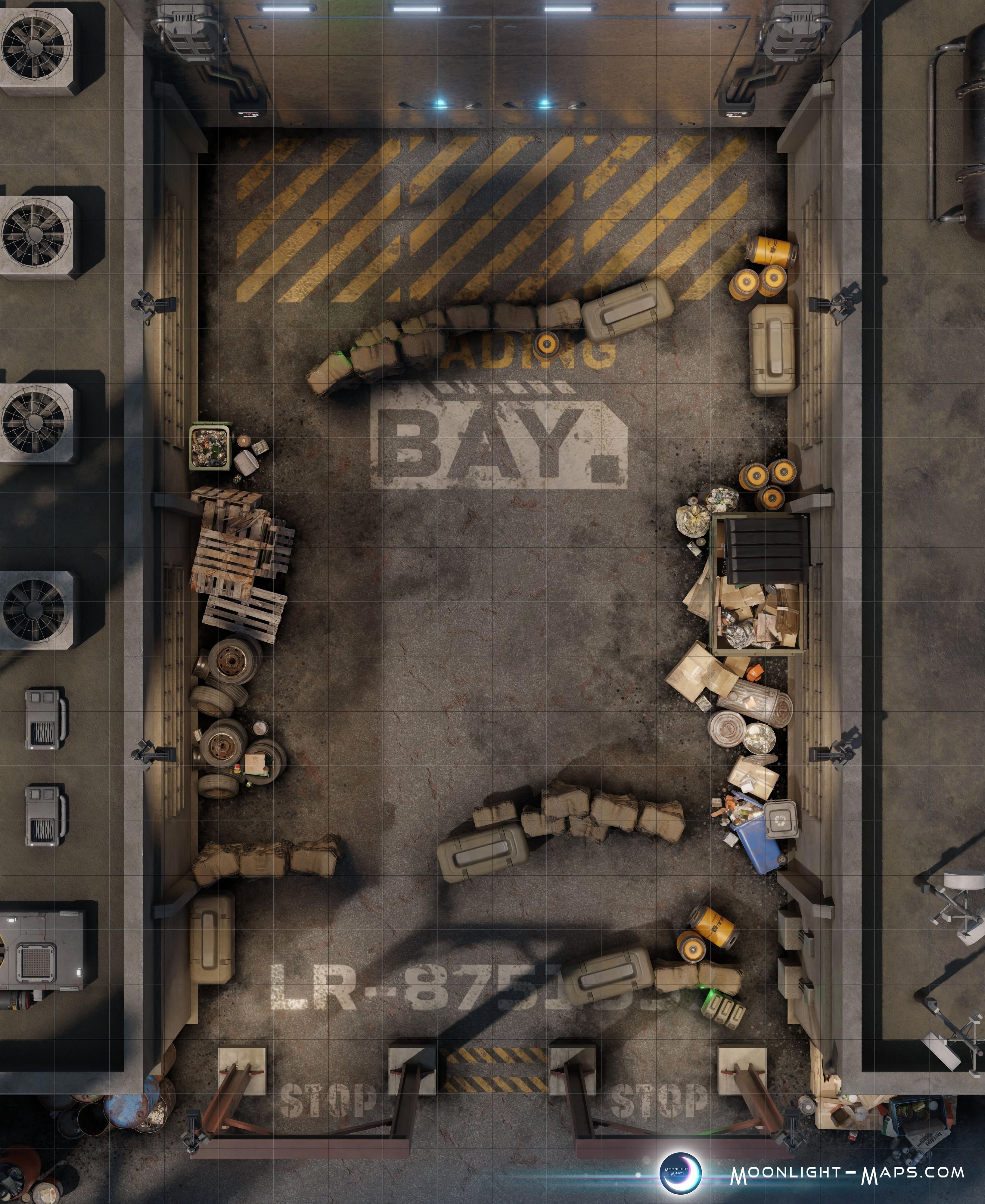 cargo bay map, carte de JDR science-fiction (3272×4000 pixels) — battlemap pour Roll20 et Foundry VTT.