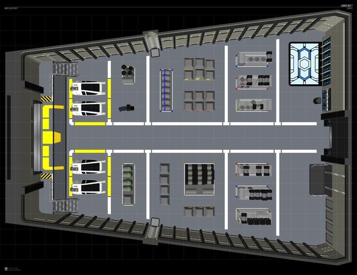 cargo bay map, carte de JDR science-fiction (735×567 pixels) — battlemap pour Roll20 et Foundry VTT.