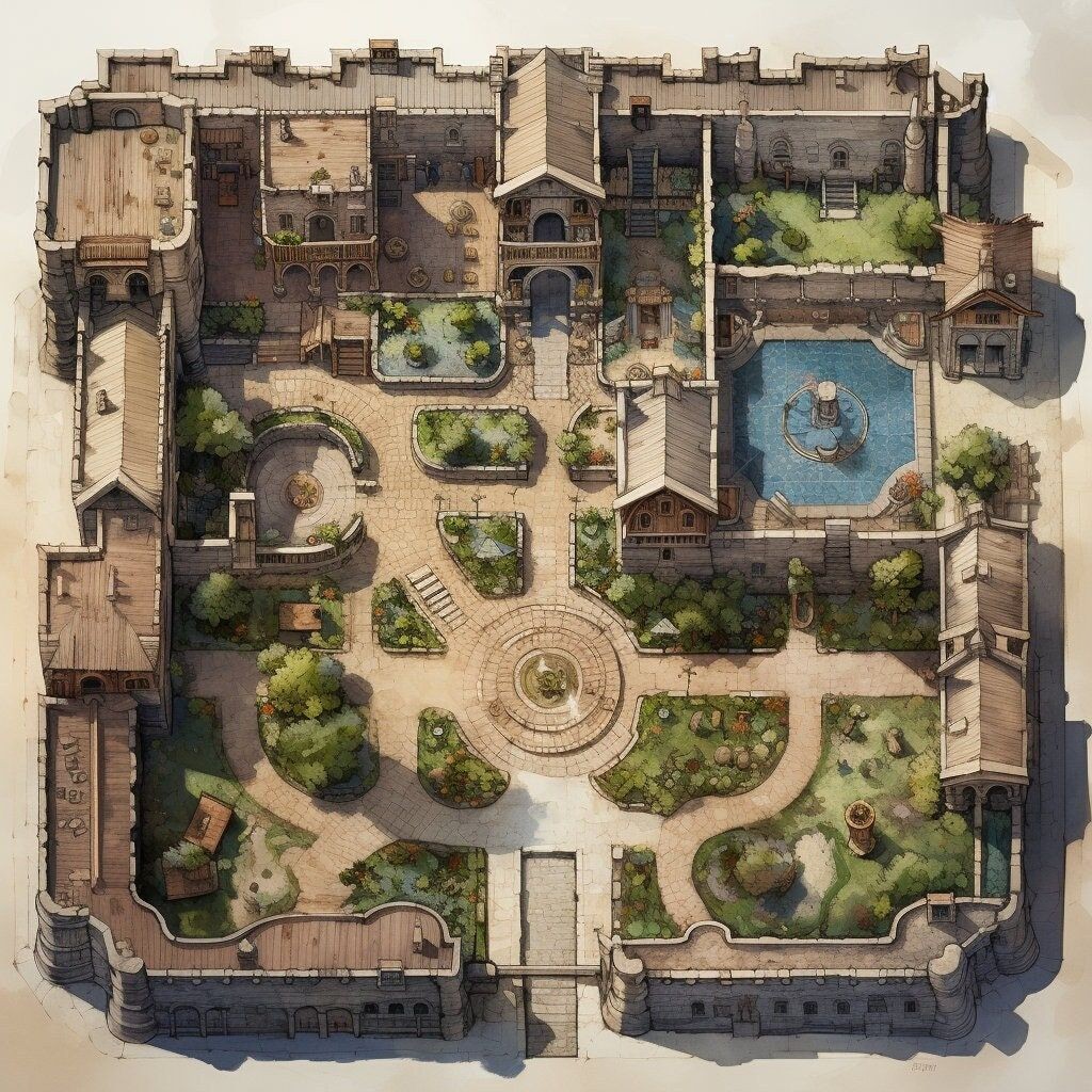 castle map dnd, carte de JDR fantasy (1024×1024 pixels) — battlemap pour Roll20 et Foundry VTT.