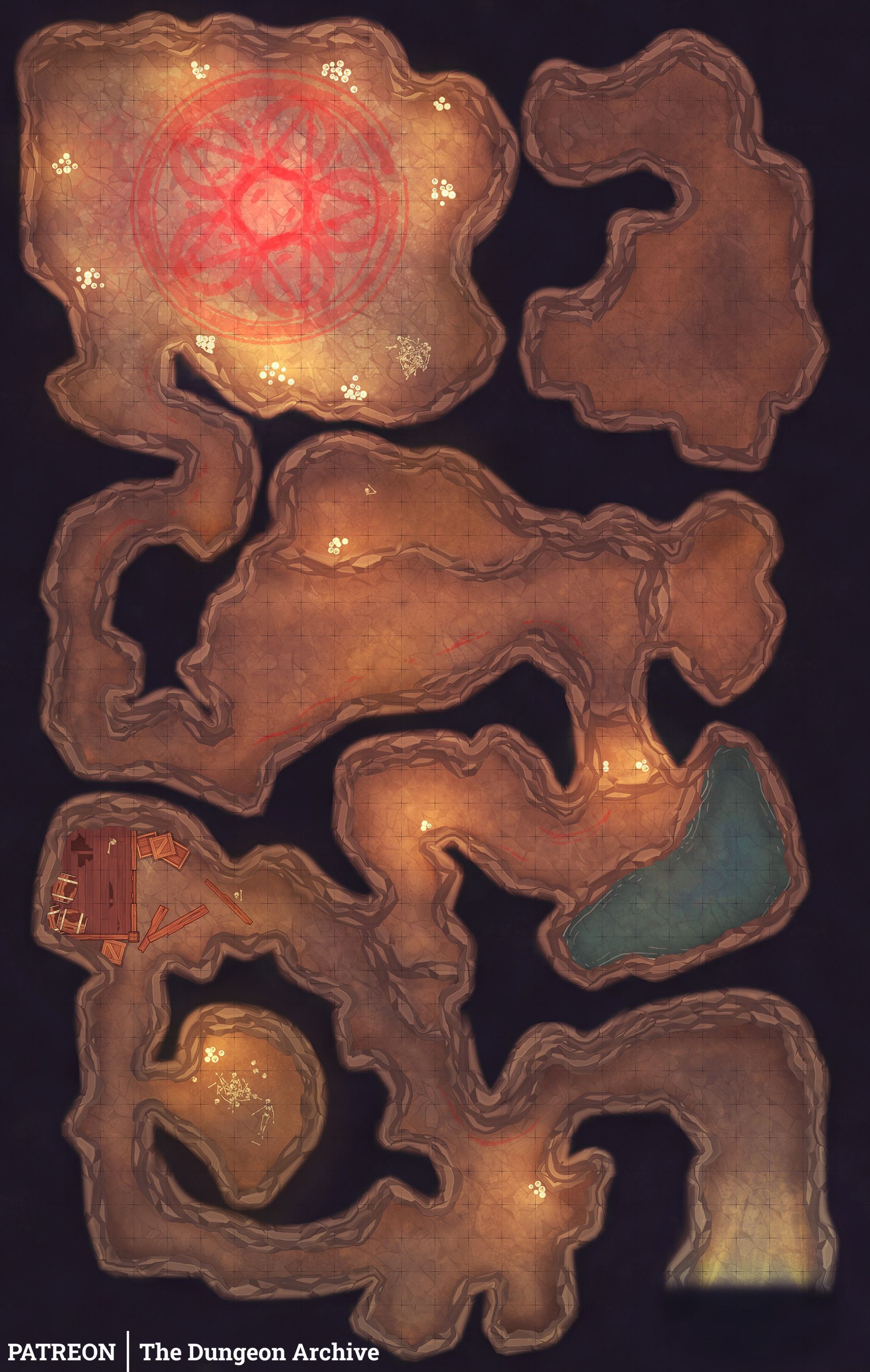 cave dungeon map, carte de JDR fantasy (1820×2870 pixels) — battlemap pour Roll20 et Foundry VTT.
