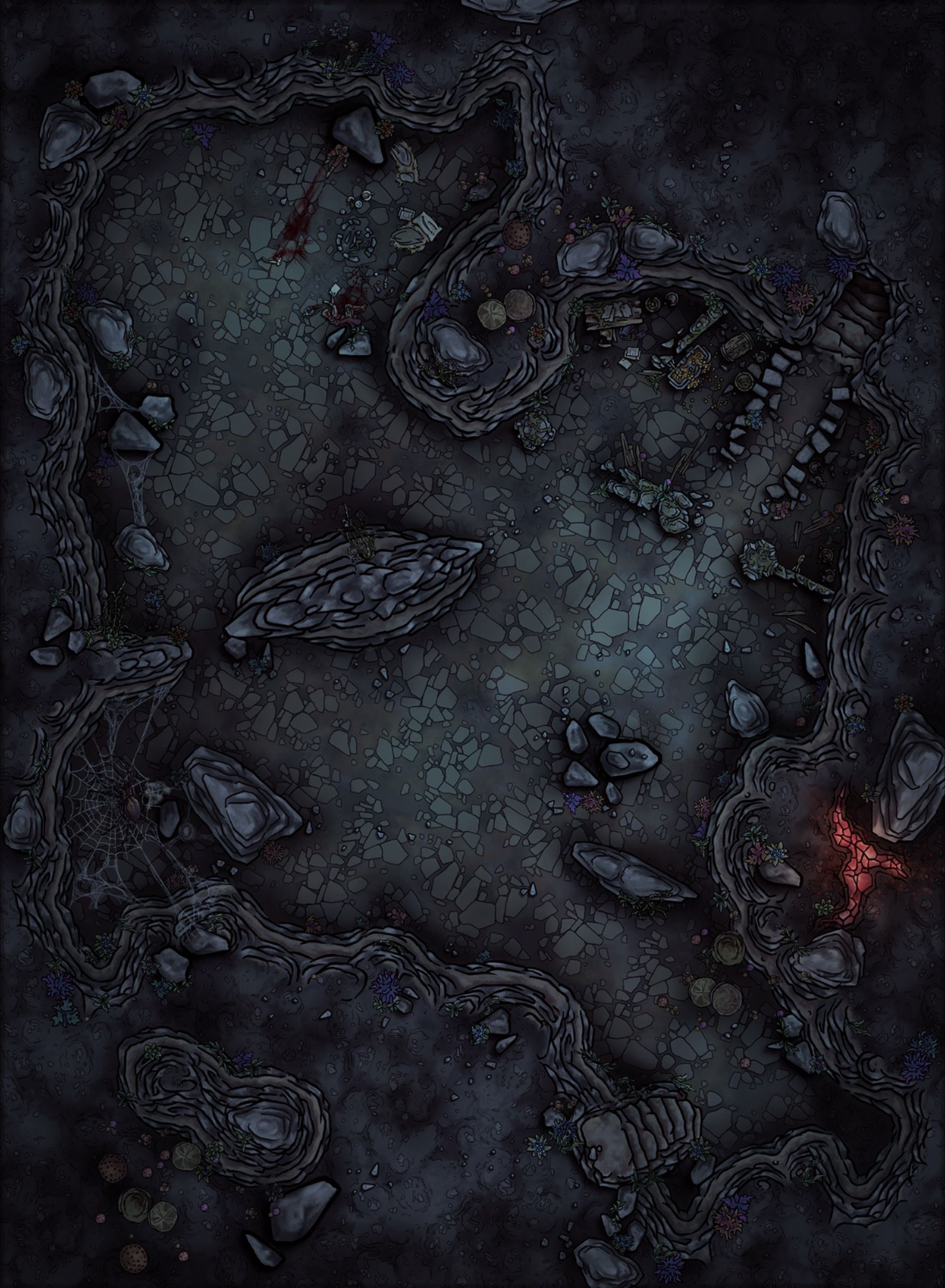 cave dungeon map, carte de JDR fantasy (2100×2863 pixels) — battlemap pour Roll20 et Foundry VTT.