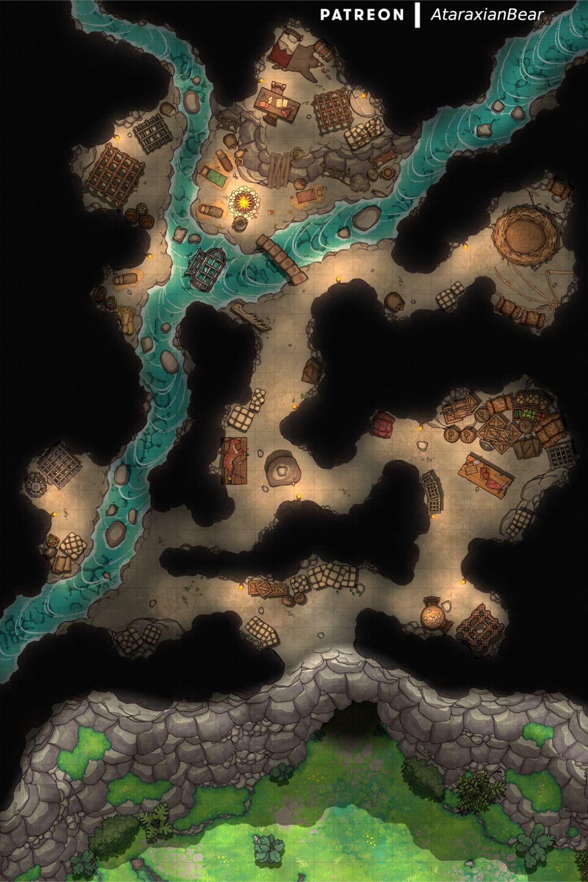 cave dungeon map, carte de JDR fantasy (1200×1800 pixels) — battlemap pour Roll20 et Foundry VTT.