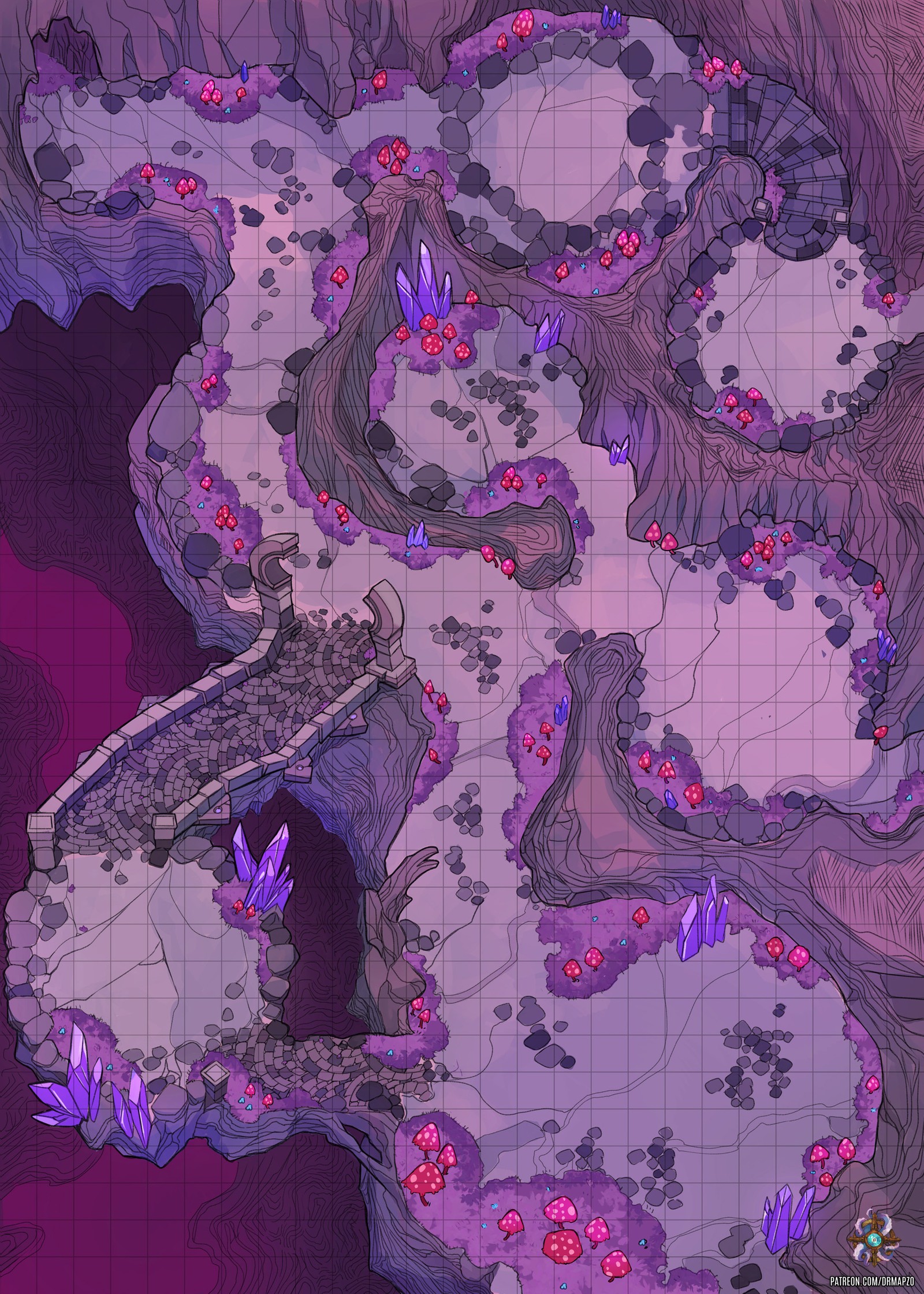cave dungeon map, carte de JDR fantasy (1600×2240 pixels) — battlemap pour Roll20 et Foundry VTT.