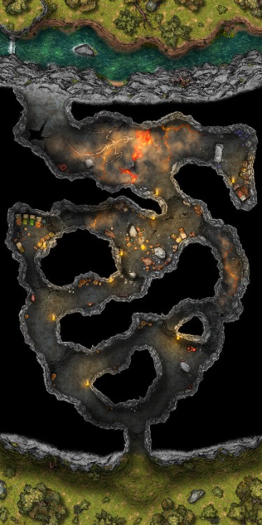 cave dungeon map, carte de JDR fantasy (375×750 pixels) — battlemap pour Roll20 et Foundry VTT.