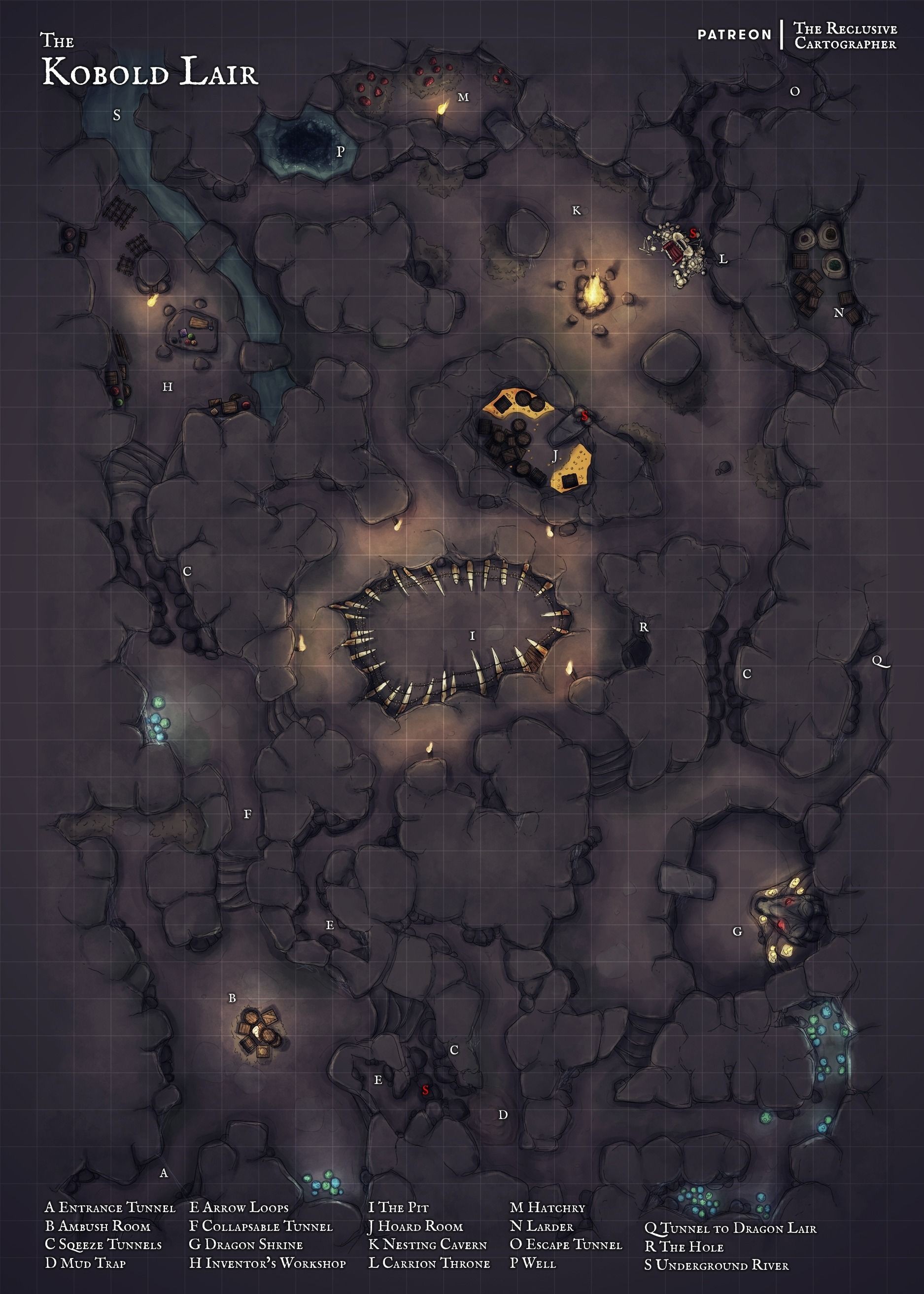 cave dungeon map, carte de JDR fantasy (1875×2625 pixels) — battlemap pour Roll20 et Foundry VTT.