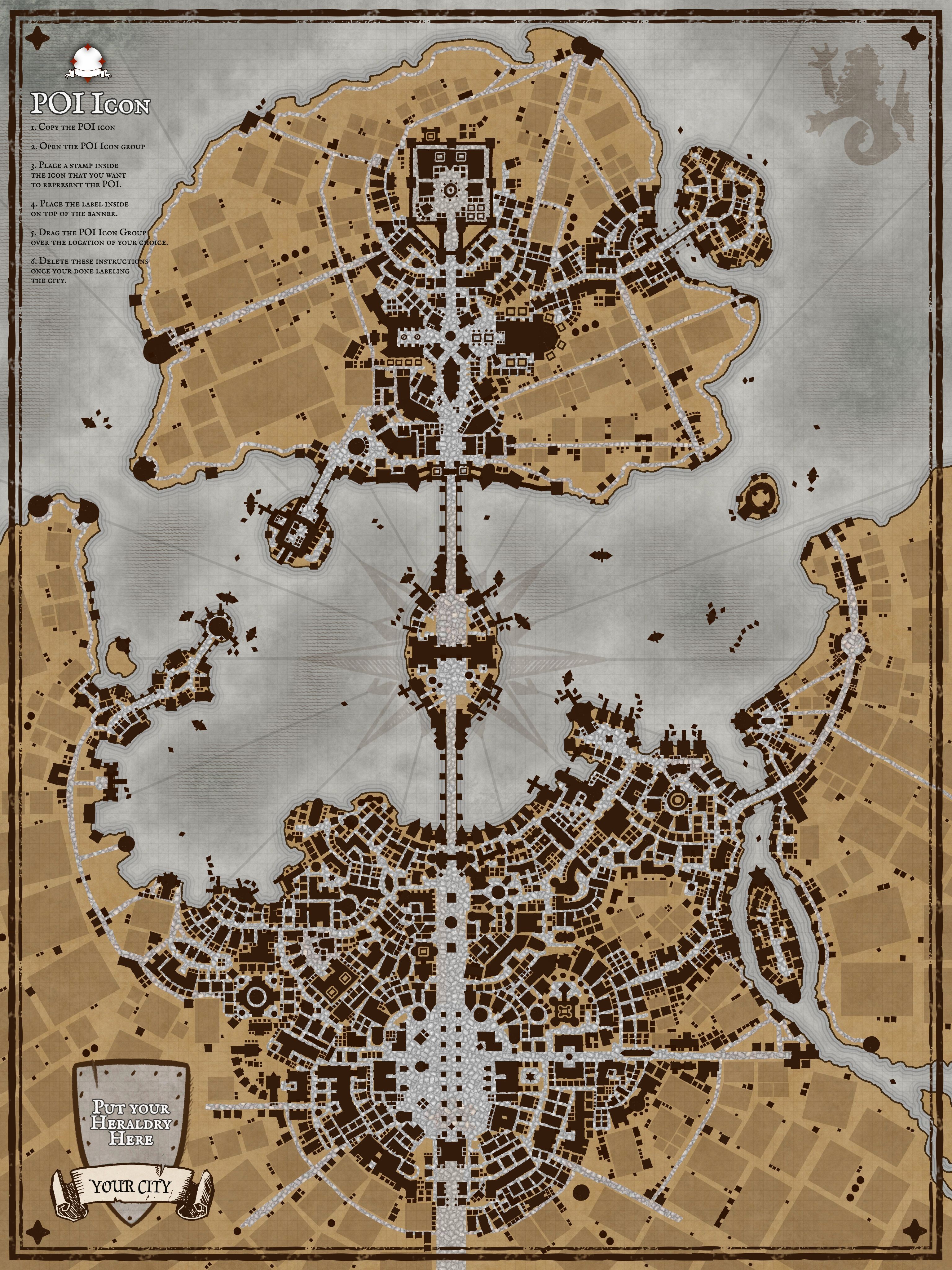 city map fantasy, carte de JDR fantasy (3072×4096 pixels) — battlemap pour Roll20 et Foundry VTT.