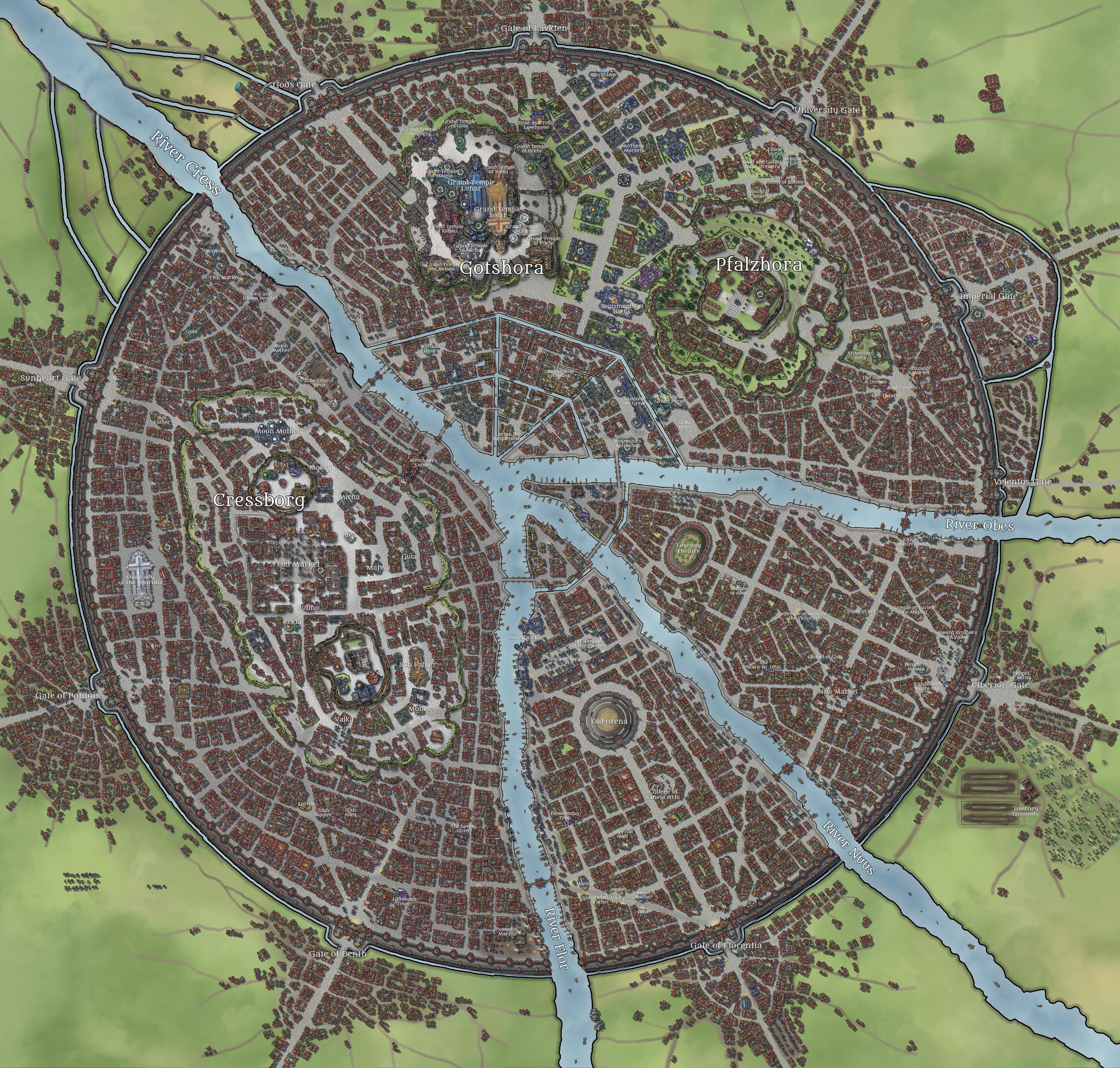 city map fantasy, carte de JDR fantasy (4096×3904 pixels) — battlemap pour Roll20 et Foundry VTT.