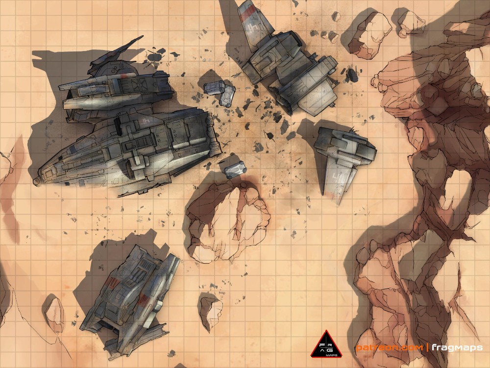 crashed spaceship map, carte de JDR fantasy (1000×751 pixels) — battlemap pour Roll20 et Foundry VTT.