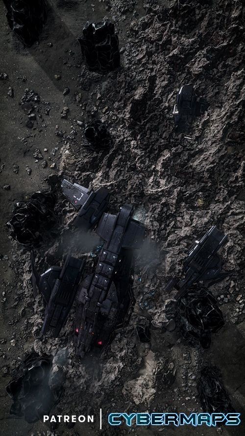 crashed spaceship map, carte de JDR fantasy (500×889 pixels) — battlemap pour Roll20 et Foundry VTT.