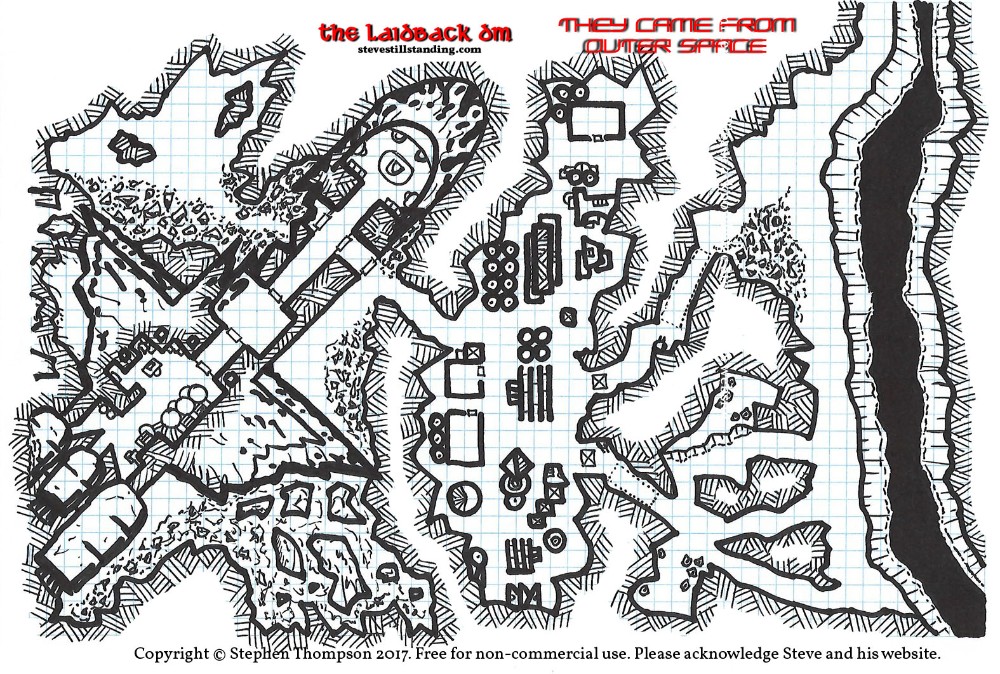 crashed spaceship map, carte de JDR fantasy (1000×674 pixels) — battlemap pour Roll20 et Foundry VTT.