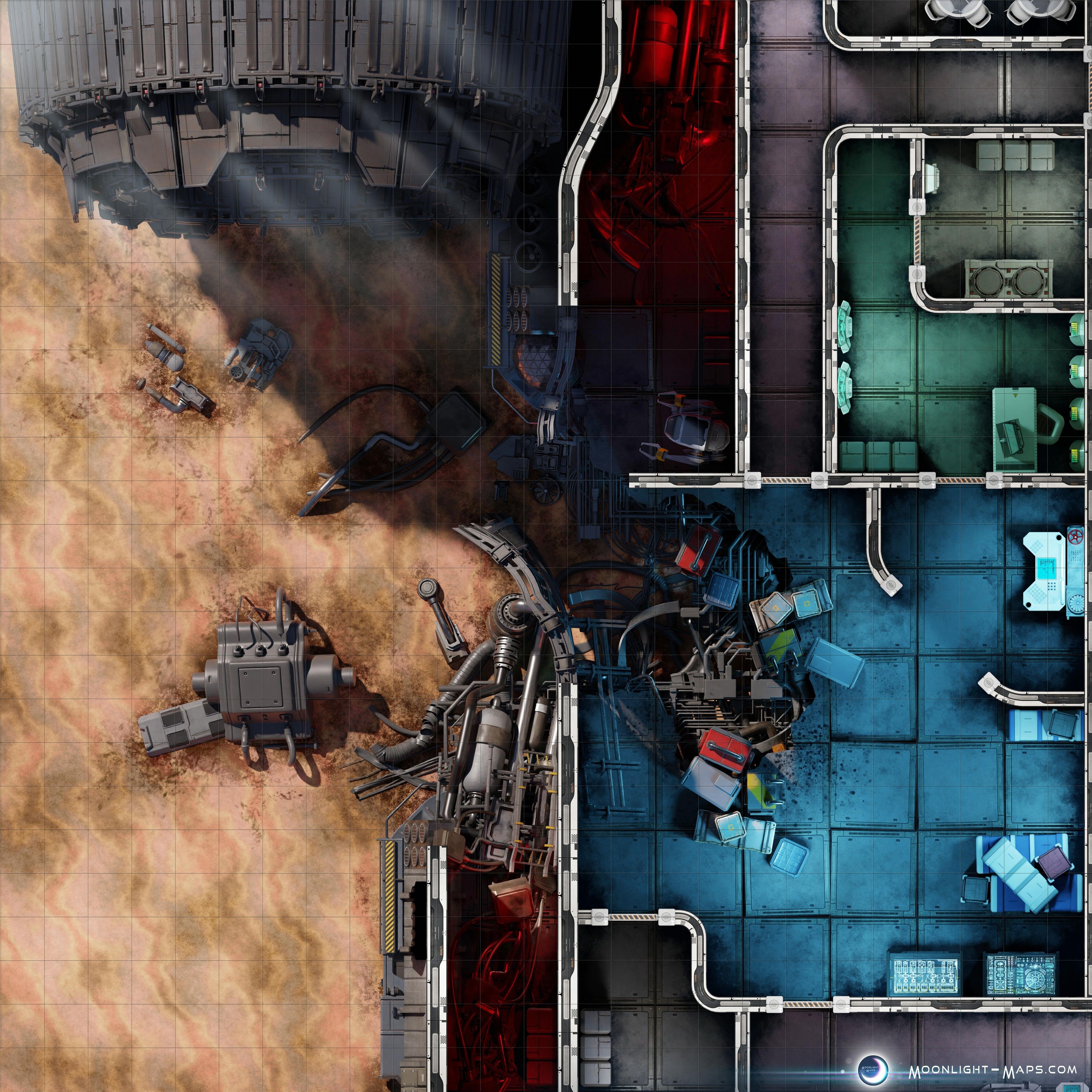 crashed spaceship map, carte de JDR fantasy (4000×4000 pixels) — battlemap pour Roll20 et Foundry VTT.