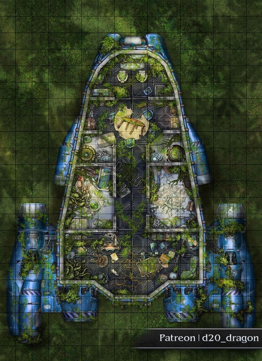 crashed spaceship map, carte de JDR fantasy (870×1200 pixels) — battlemap pour Roll20 et Foundry VTT.