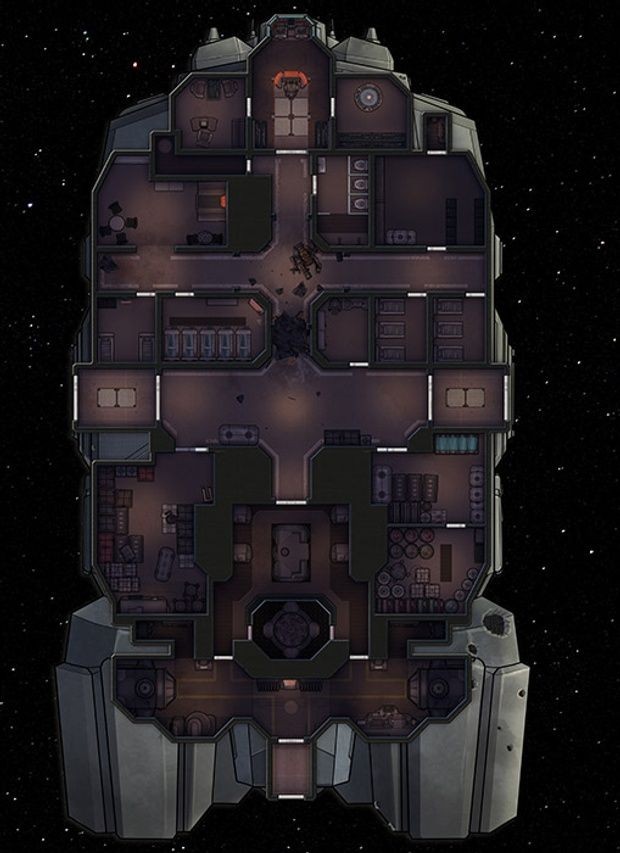 crashed spaceship map, carte de JDR fantasy (620×853 pixels) — battlemap pour Roll20 et Foundry VTT.