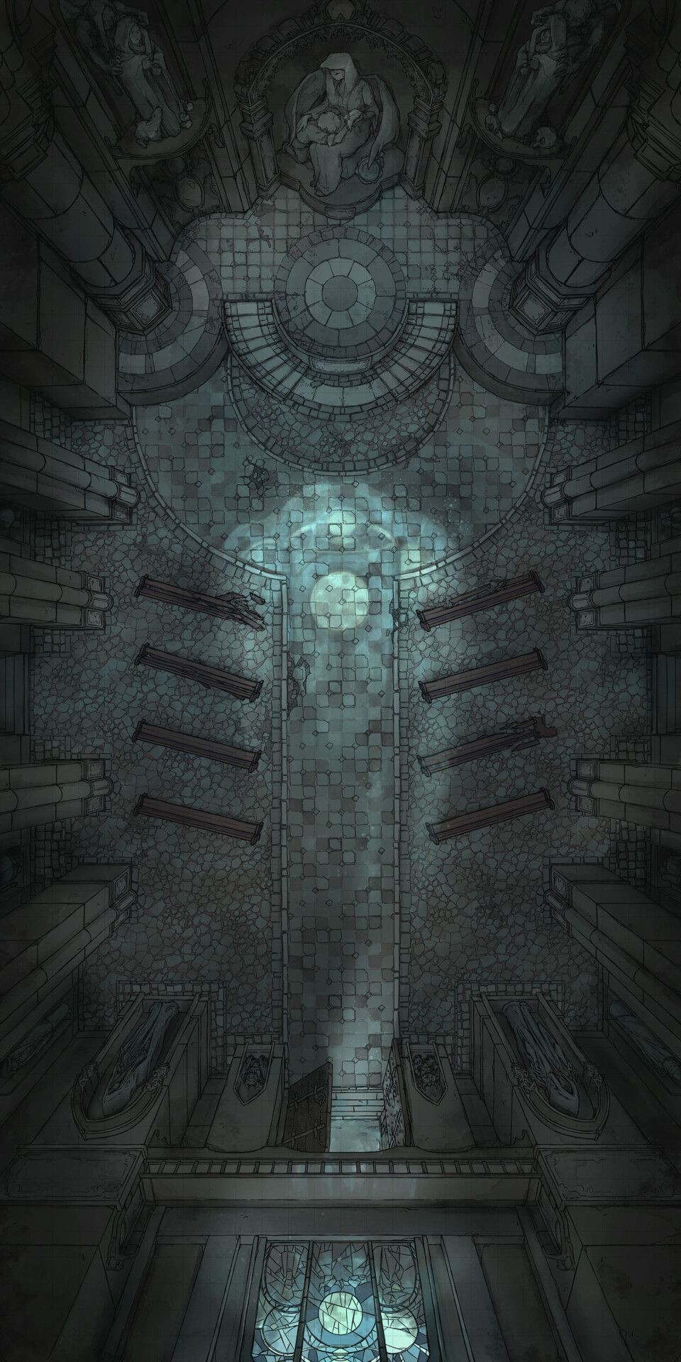 crypt map dnd, carte de JDR fantasy (960×1920 pixels) — battlemap pour Roll20 et Foundry VTT.
