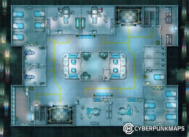 cybernetic lab map, carte de JDR science-fiction (620×451 pixels) — battlemap pour Roll20 et Foundry VTT.