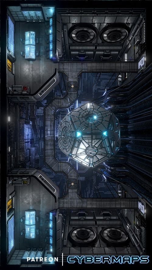 cybernetic lab map, carte de JDR science-fiction (500×889 pixels) — battlemap pour Roll20 et Foundry VTT.