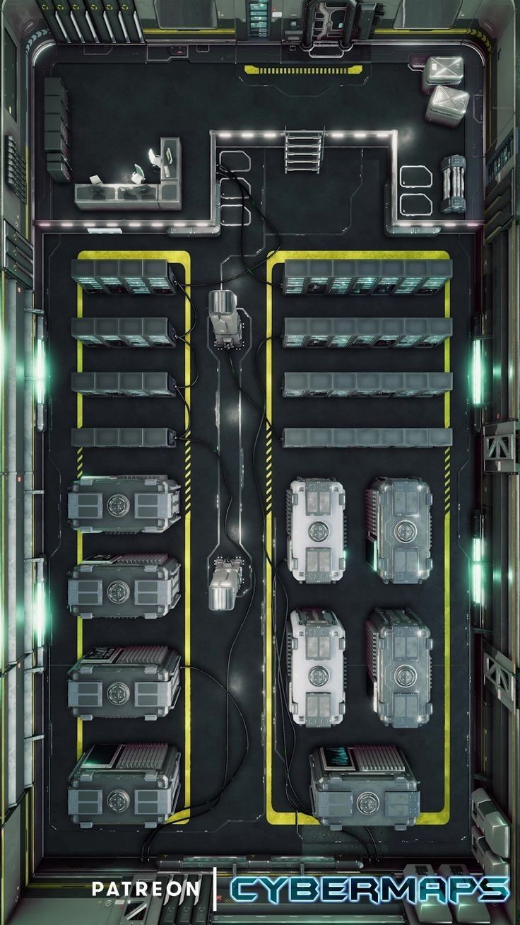 cybernetic lab map, carte de JDR science-fiction (736×1308 pixels) — battlemap pour Roll20 et Foundry VTT.