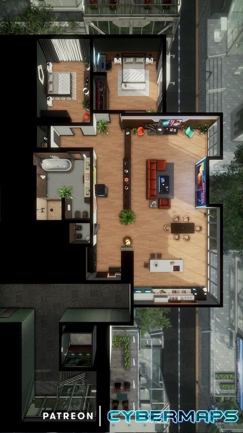 cyberpunk apartment map, carte de JDR science-fiction (500×889 pixels) — battlemap pour Roll20 et Foundry VTT.